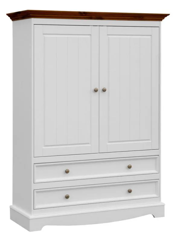 Schrank Gyronde 33, Kiefer massiv Vollholz, Farbe: Weiß / Walnuss - 147 x 108 x 45 cm (H x B x T)