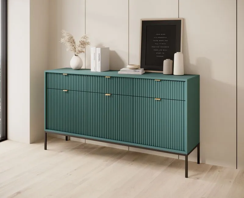 Kommode Worthing 05, Farbe: Grün / Schwarz / Gold - Abmessungen: 83 x 154 x 39 cm (H x B x T)