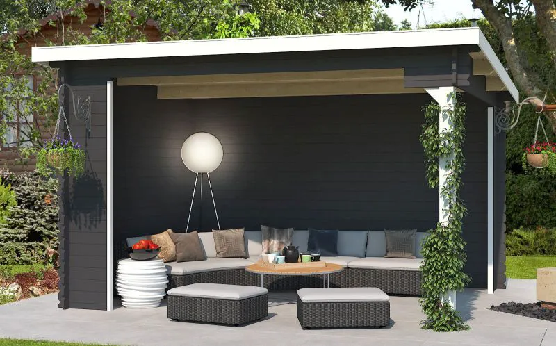 Überdachung G281 Carbongrau - 28 mm Blockbohlen, Grundfläche: 10,09 m², Flachdach