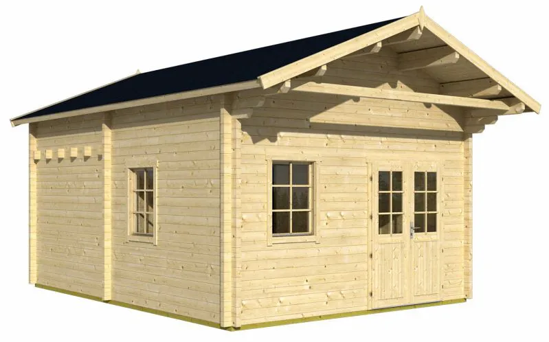 Holz-Gartenhaus 6,95 x 4,9 Meter (inkl. Dach) | 6 Fenster | 70 mm Blockbohlen |natur unbehandelt | Satteldach | inkl. Fußboden | aus nordischer Fichte Abbildung
