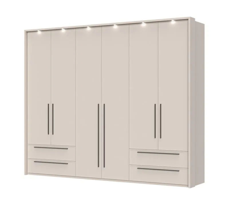 Sechstüriger Kleiderschrank mit LED-Rahmen Neiafu 80, vier Schubladen, drei Kleiderstangen, fünf Einlegeböden, Maße: 226 x 277 x 60 cm, hochwertige Verarbeitung