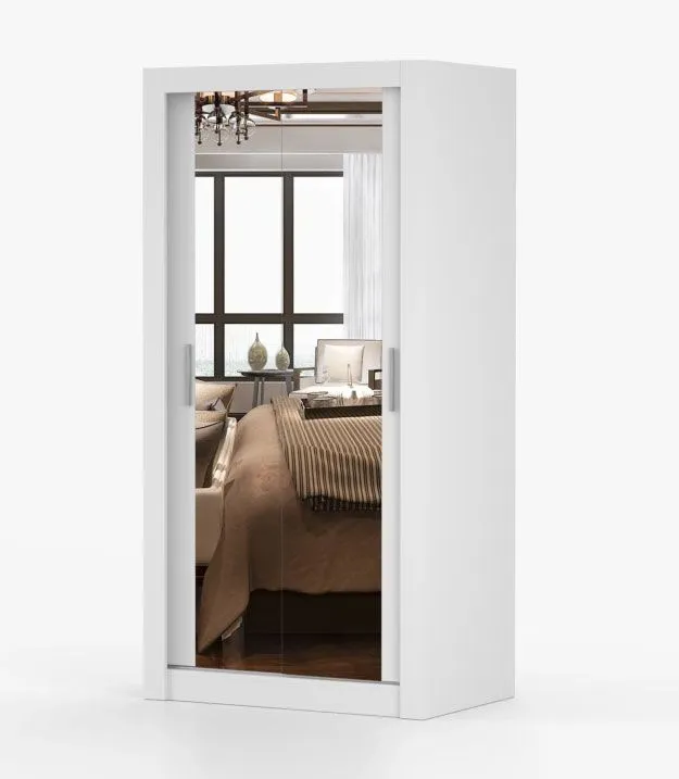 Schiebetürenschrank / Kleiderschrank mit Spiegel | Weiß | Biokovo 01 | 200 x 100 x 64 cm | 2 Türen | 7 Fächer | viel Stauraum | schmale Griffe