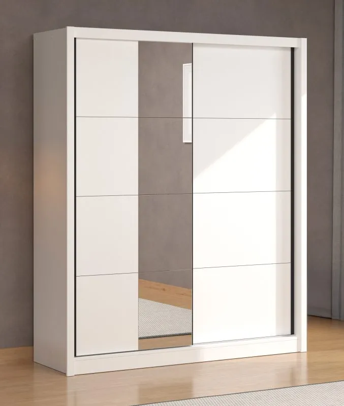 Schiebetürenschrank / Kleiderschrank mit fünf Fächer Apatin 01, Farbe: Weiß, 1,8 Meter breit, zwei Kleiderstangen, eine Spiegeltür, Maße: 215,5 x 180 x 60 cm