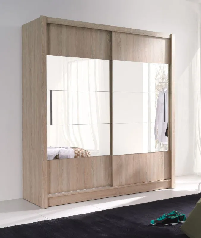 Schiebetürenschrank / Kleiderschrank mit Spiegeltüren Mystras, Farbe: Eiche Sonoma, eine Kleiderstange, fünf Fächer, Maße: 200 x 180 x 62 cm