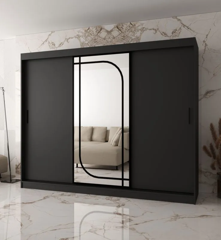 Kleiderschrank | Schwarz Matt | 3-Türig | 10 Fächer | 250 x 62 x 200 cm | dekorativer Spiegel | 2 Kleiderstangen | Schiebetürenschrank | hochwertig Verarbeitet