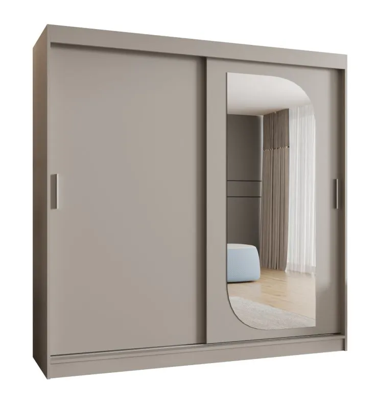 Kleiderschrank / Schiebetürenschrank Signalkuppe 20, Farbe: Kaschmir, eine Spiegeltür, 2 Meter breit, 10 Fächer, zwei Kleiderstangen