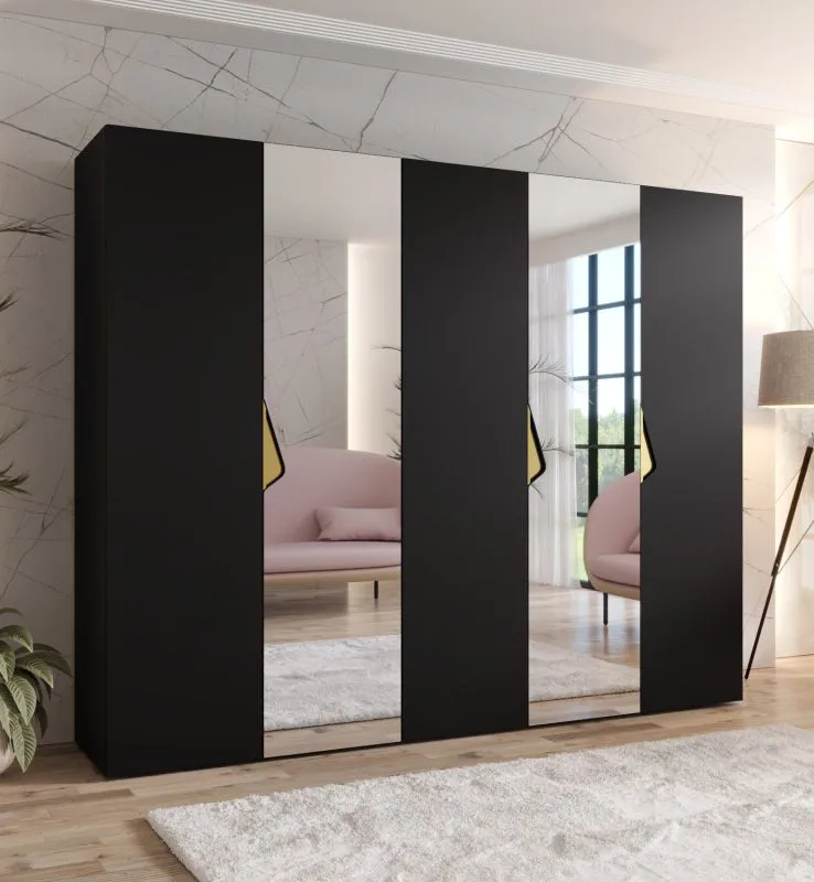 Kleiderschrank | 2 Spiegeltüren | Farbe: Schwarz | 2,5 Meter breit | 3 Fächer | Griffe: Gold | 3 Kleiderstangen | Maße: 250 x 52 x 202 cm | Soft-Close