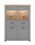 Breite Vitrine mit genügend Stauraum Banat 05, zwei Glastüren, Farbe: Eiche Artisan / Graphitgrau / Grau, acht Fächer, Maße: 143 x 103,5 x 41 cm